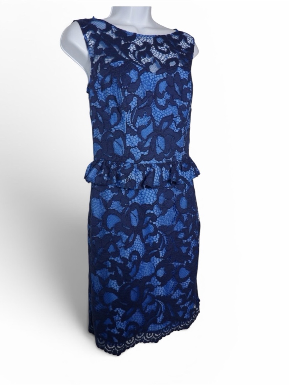 Lilly Pulitzer Sz 4 Dress Blue Lace Peplum Knee Modest Sleeveless Eyelet